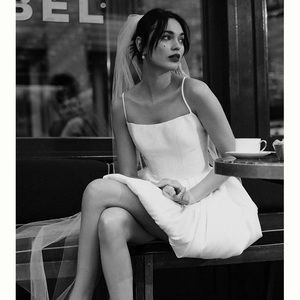 White Satin BHLDN By Watters Cleo Dress. Chic bubble dress with lace up corset